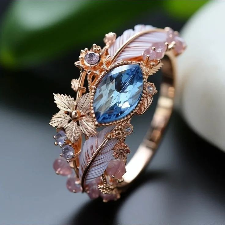 Exotischer Ring mit Feder und blauem Kristall