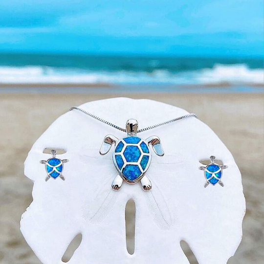 Set aus Kette und Ohrringen mit Meeresschildkröten aus Opal