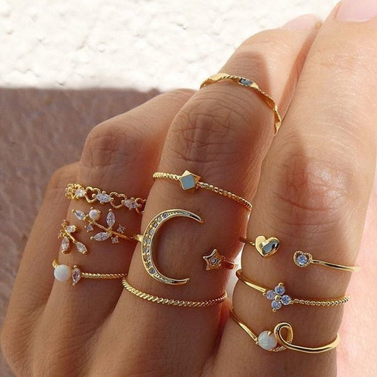 10er Set Bohemian Style Silber- und Goldbeschichtete Ringe