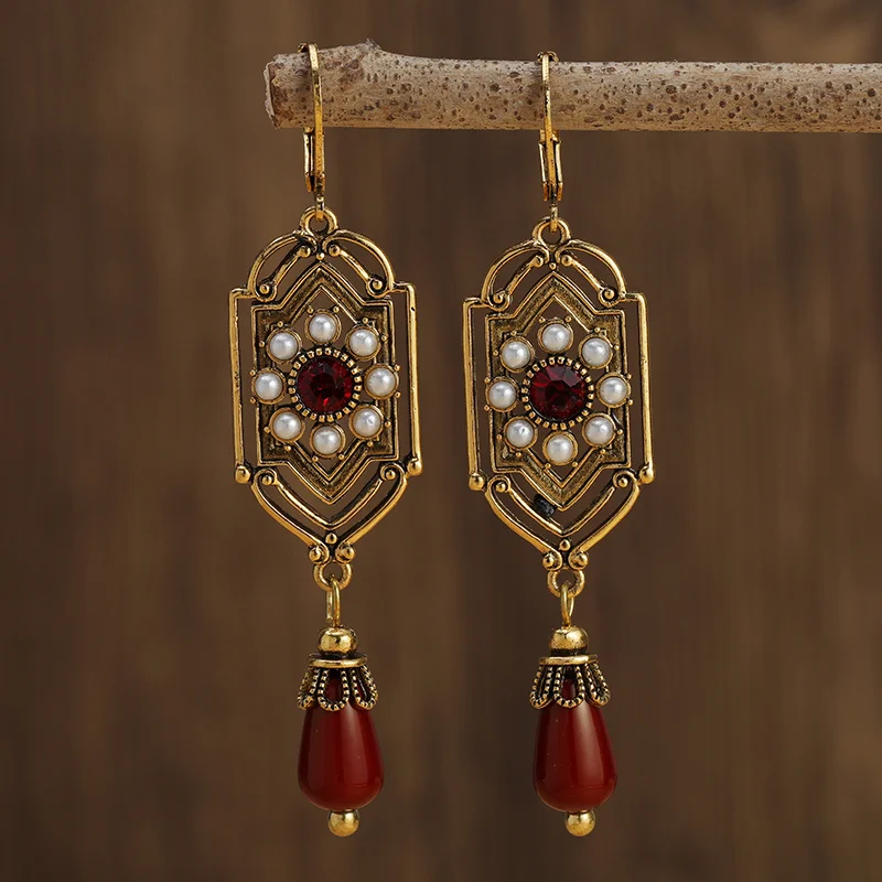 Vintage Rote Kristall-Perlen-Gold-Ohrringe