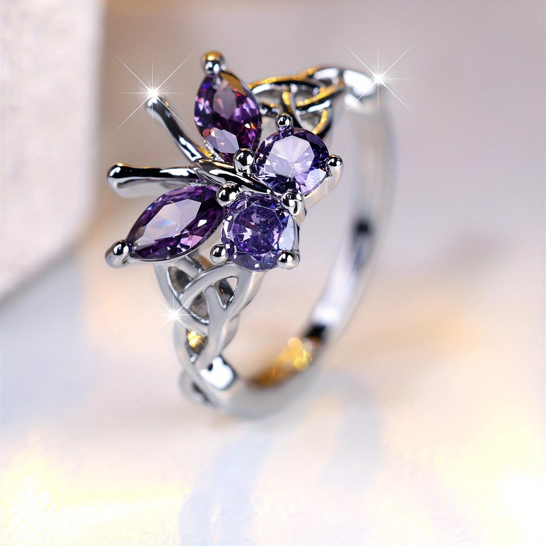 Silberring mit lila Schmetterling