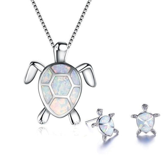 Set aus Kette und Ohrringen mit Meeresschildkröten aus Opal