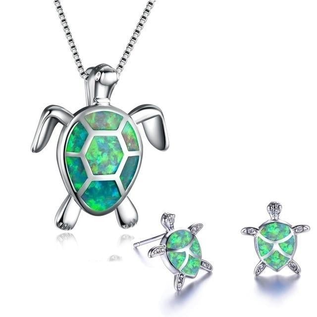 Set aus Kette und Ohrringen mit Meeresschildkröten aus Opal