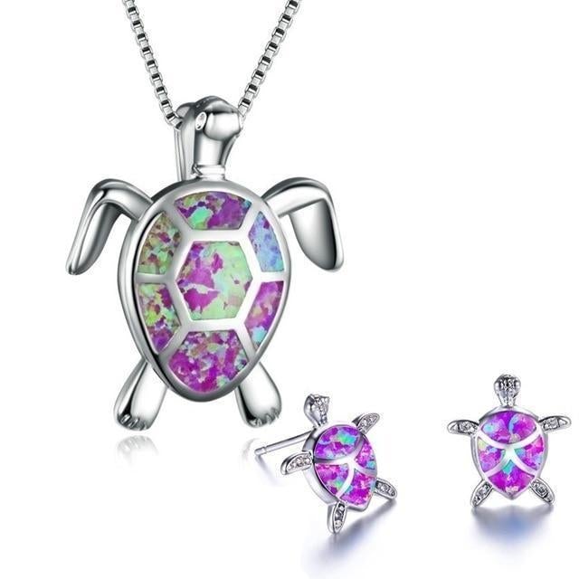 Set aus Kette und Ohrringen mit Meeresschildkröten aus Opal