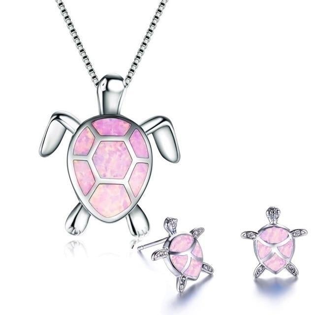Set aus Kette und Ohrringen mit Meeresschildkröten aus Opal