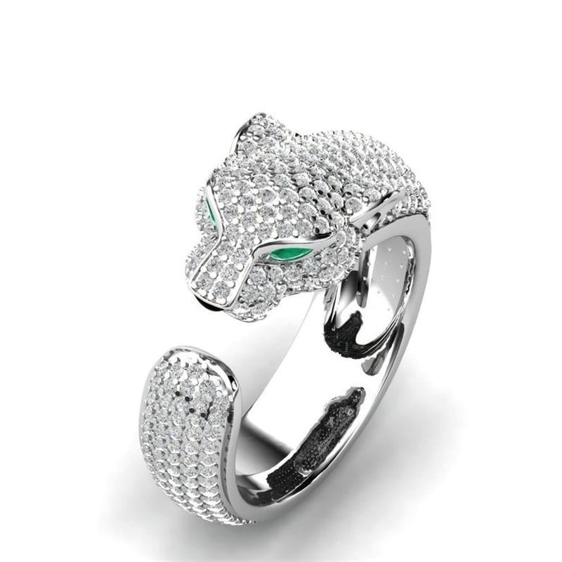 Verstellbarer Jaguar-Ring aus 18K Silber und Roségold mit grünen Zirkonia-Augen