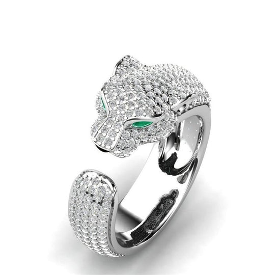 Verstellbarer Jaguar-Ring aus 18K Silber und Roségold mit grünen Zirkonia-Augen